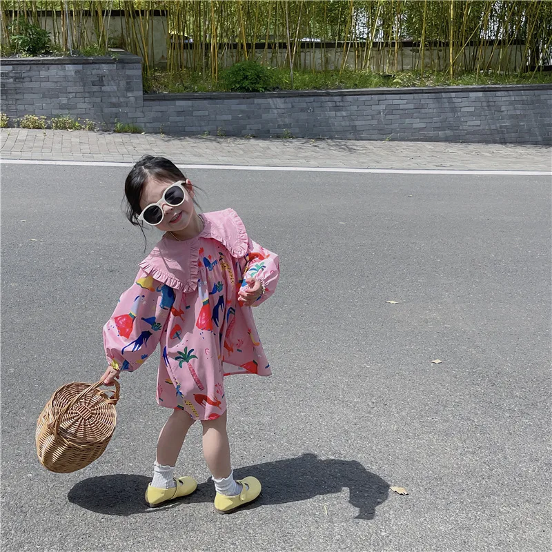 2024 Spring New Korean Children\'s Wear Girl\'s Fragmented Flower Flip Collar Long sleeved Lantern Sleeves Princess Dress