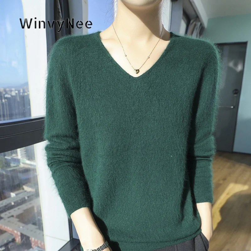 WinvyNee Women Mink Velvet V‑Neck Cozy Silhouette Brushed Fabric Elegant Daily Outfit Modern Knitwear Staple Pullover ZA1248022A
