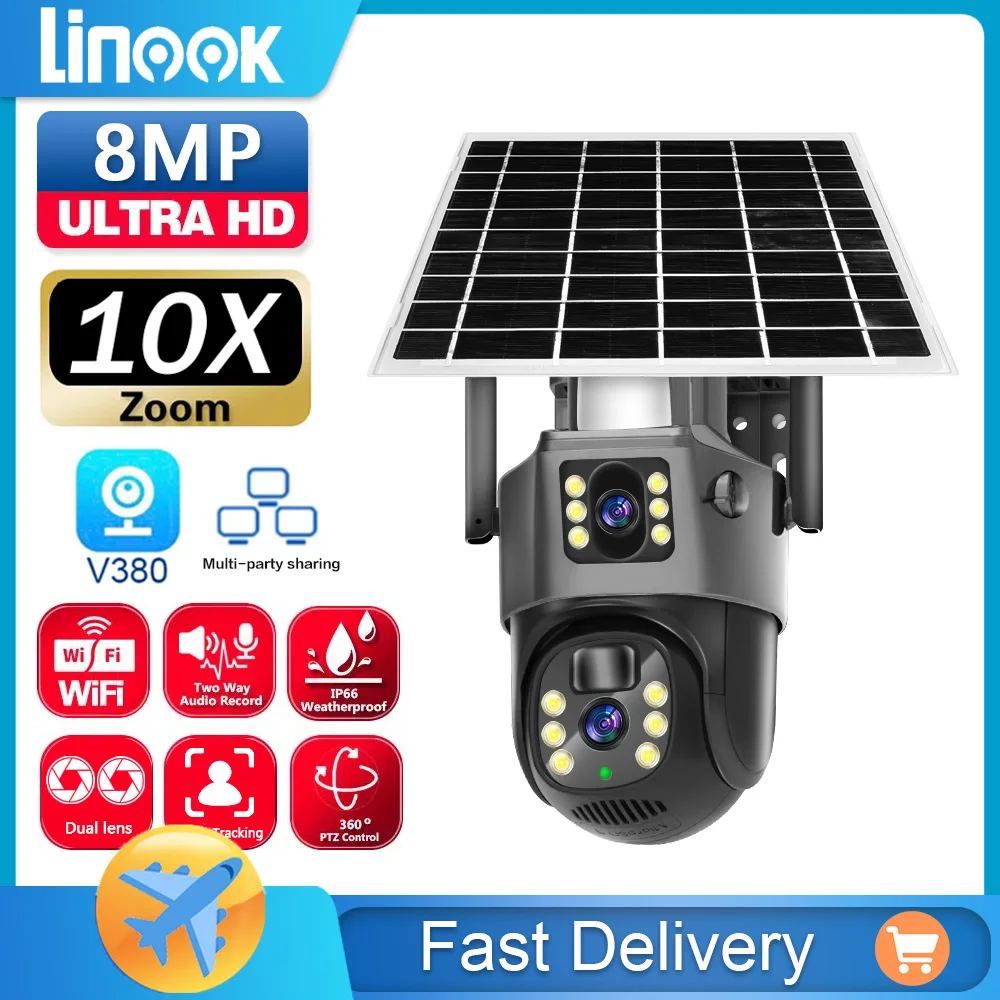 Linook V380 PRO Solar Camera WIFI 8MP 4K Wireless Monitoring Camera Outdoor IP Security Camera 10X Enlarged