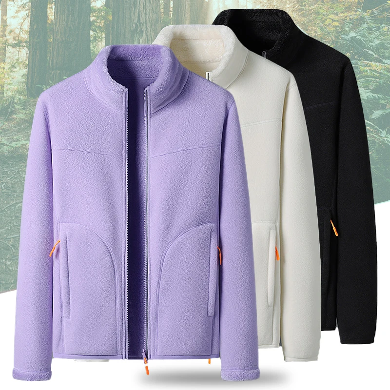 Double-Sided Fleece Jacket Women Winter Thicked Coral Sportwer Running Camping Hiking Skiing Baser Layer Warm Tops