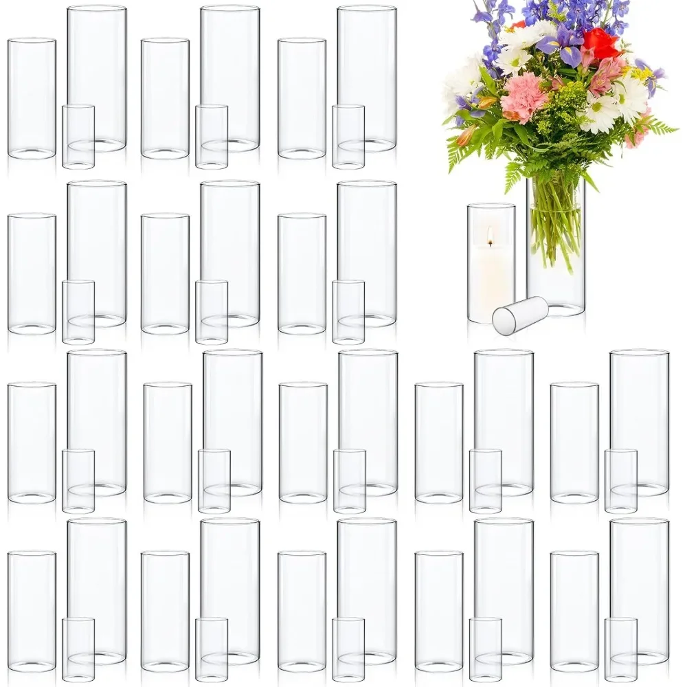 

48 glass transparent cylindrical vase decorations of different sizes, 4 inches, 8 inches, and 12 inches high,