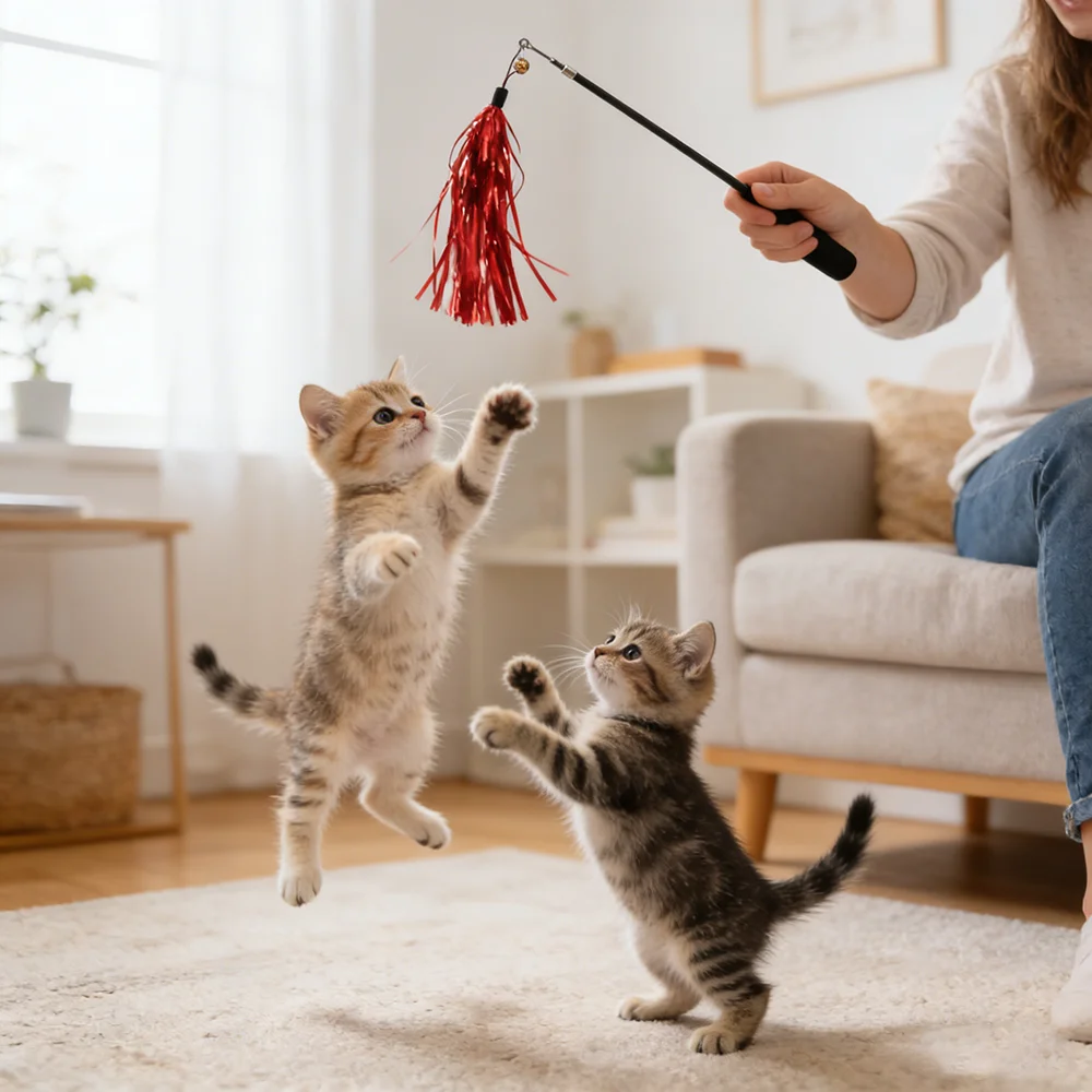 Colorful Stripes Rain Silk Cat Teaser Stick for Changing Heads, Sounding Paper Tassel Bells, Cat Teaser Stick for Changing Heads