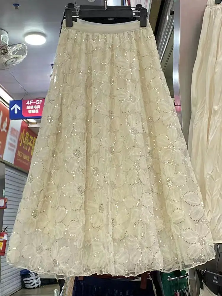 Sparkling mesh female high waist medium and long fairy s sequined gauze  swinging a-word  long skirt
