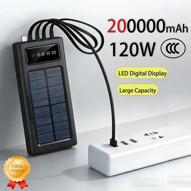 

Солнечная батарея 200000 мАч, 120 Вт со встроенным кабелем, портативный сверхбыстрый зарядный аккумулятор на солнечной батарее для Iphone17 16 Samsung Xiaomi