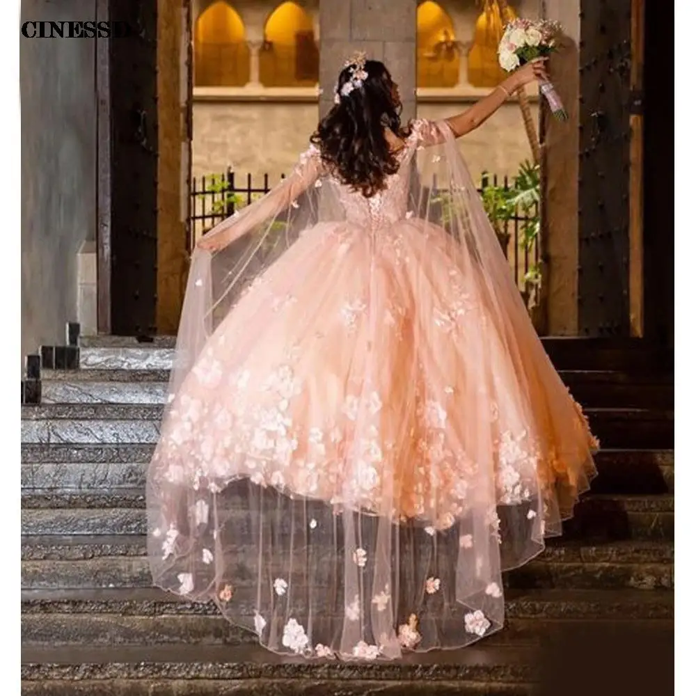 Roze Quinceanera Jurken Cinderella Met Cape Bloemen 3d Bloemen Applique Parels Veters Baljurk Sweet 16 15 Jurk