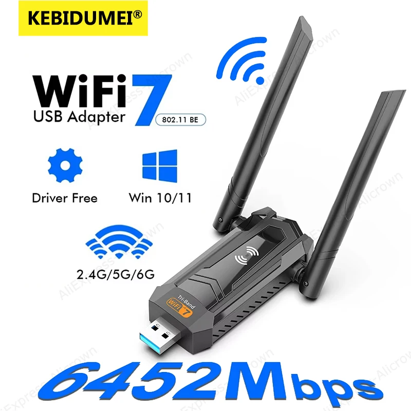 

KEBIDUMEI BE6500 WiFi 7 Adapter 2.4G/5G/6GHz USB 3.0 Wireless Network Card 1800/5400/6500Mbps 802.11BE For Win10/11 PC Laptop
