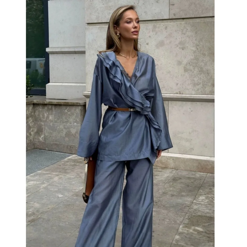 Soft Drape Tencel Women Two Piece Set Wrinkle Free Lightweight Wide Leg Pant Set Relax Fit Ruffle Trim Wrap Front Ruffle Top