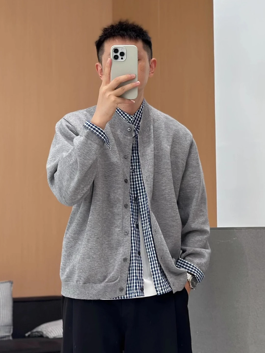 

Мужской повседневный кардиган в клетку с пэчворком, вязаный, свободного кроя, осенняя новинка, модный, с открытым передом, из полиэфирного волокна