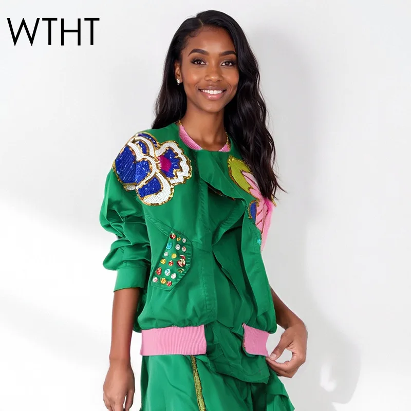 

WTHT Fashion Women's Sequins Flower Ruffled Edge Jacket 2025 Autumn Trendy O-neck Long Sleeves Zipper Coat Female 1LS2372