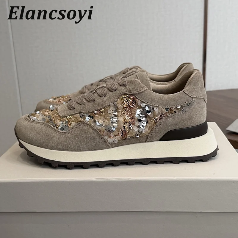 Casual Sneakers Women's Spring Autumn String Bead Sequins Lace Up Flat Shoes Round Toe Patchwork Thick Bottom Daddy Shoes