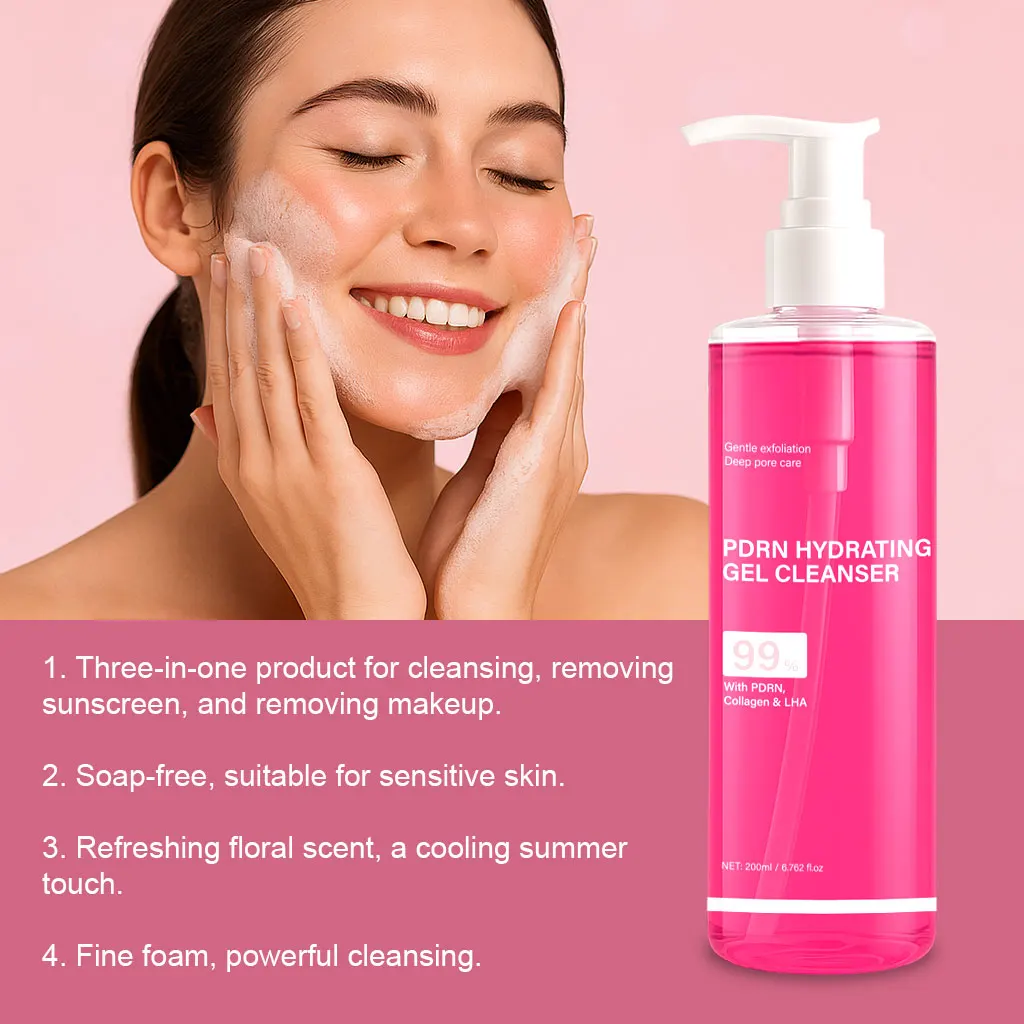 Gel Limpiador Hidratante con PDRN, Espuma Limpiadora Rosa Salmón con PDRN y Colágeno, Limpieza Profunda, Suave y No Irritante, 200ml