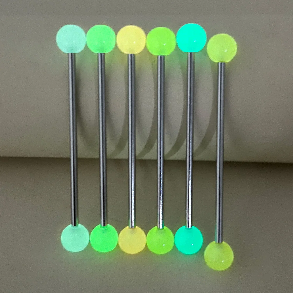 6pcs Glow Industrial Barbell Cartilage Earrings Tongue Ring Nipple Piercing Luminous Long Ear Stud Helix Tragus Body Jewelry 14G