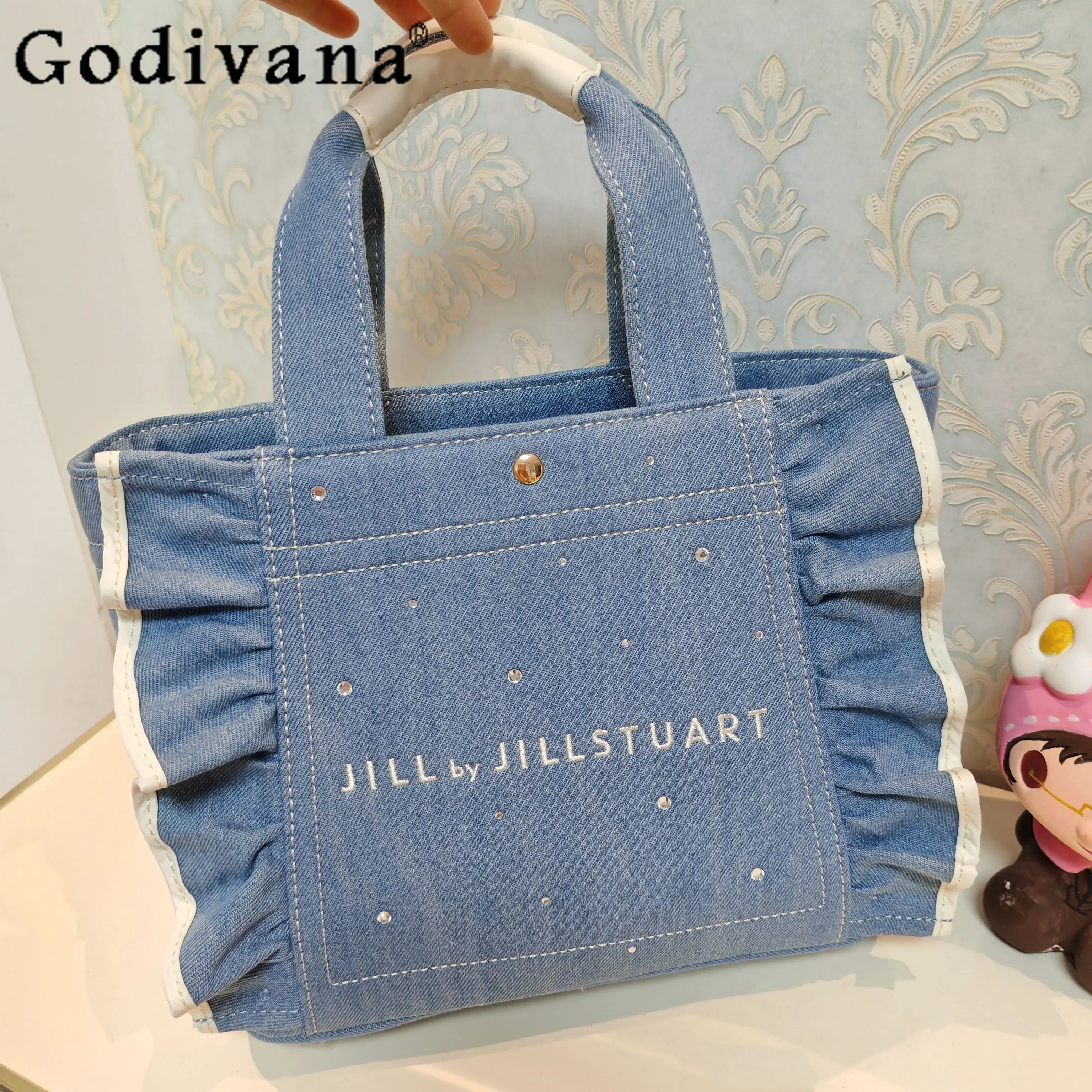 Japanese Denim with Diamond Ruffle Edge Women's Tote Messenger Bags Cute Kawaii Handbag Shopping Bag