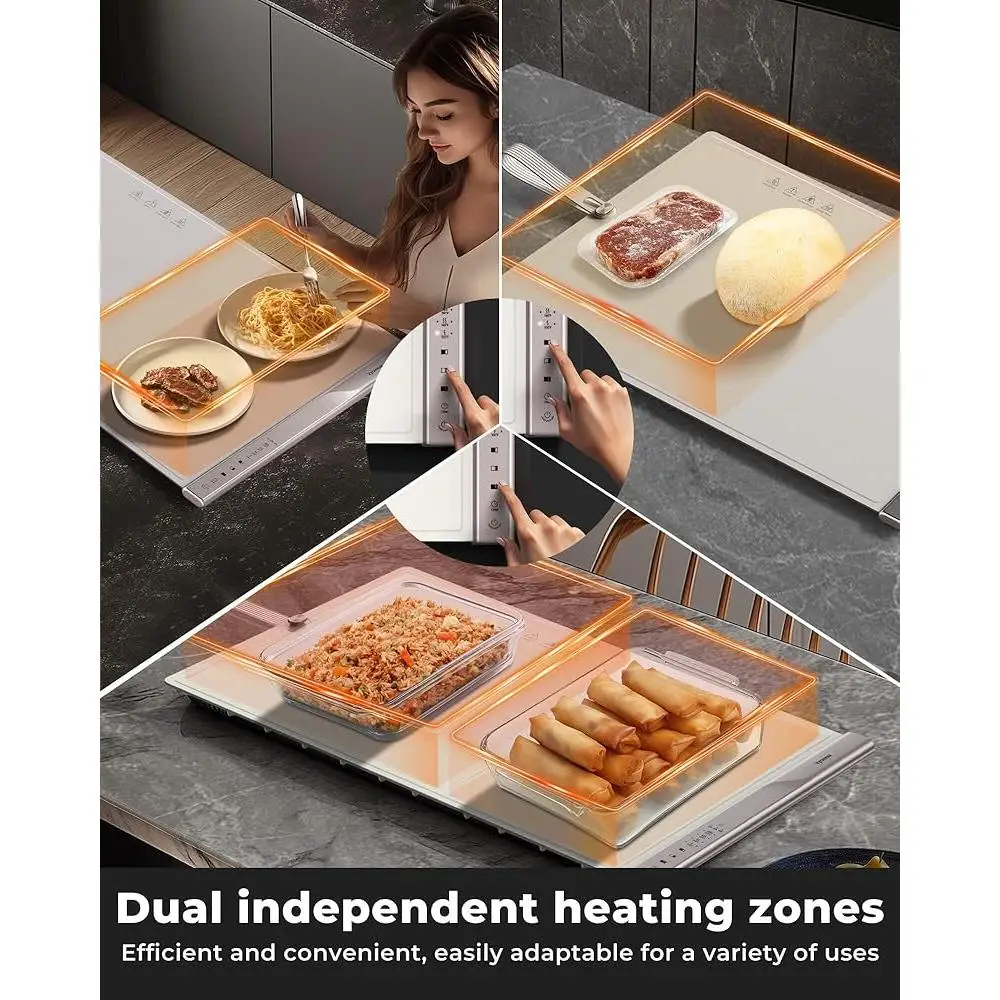 Dual Heating Zones Food Warming Mat with 4 Temp Settings Easy Clean Silicone Auto Shut-Off Timer Portable Electric Food Warmer