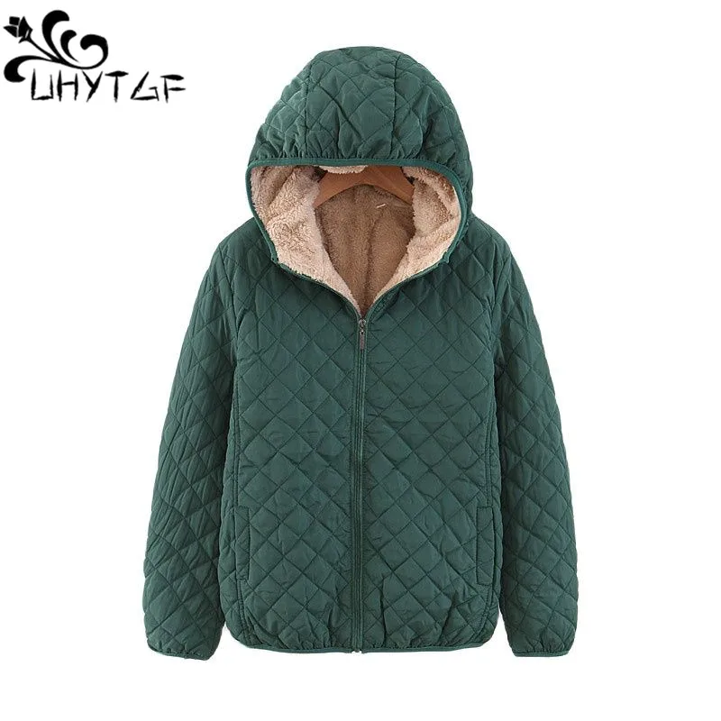 UHYTGF Parkas Coat Women Korean Slim Autumn Winter cotton Overcoat Ladies Lambswood Hooded Plaid Casual Warm Jackets Female 419