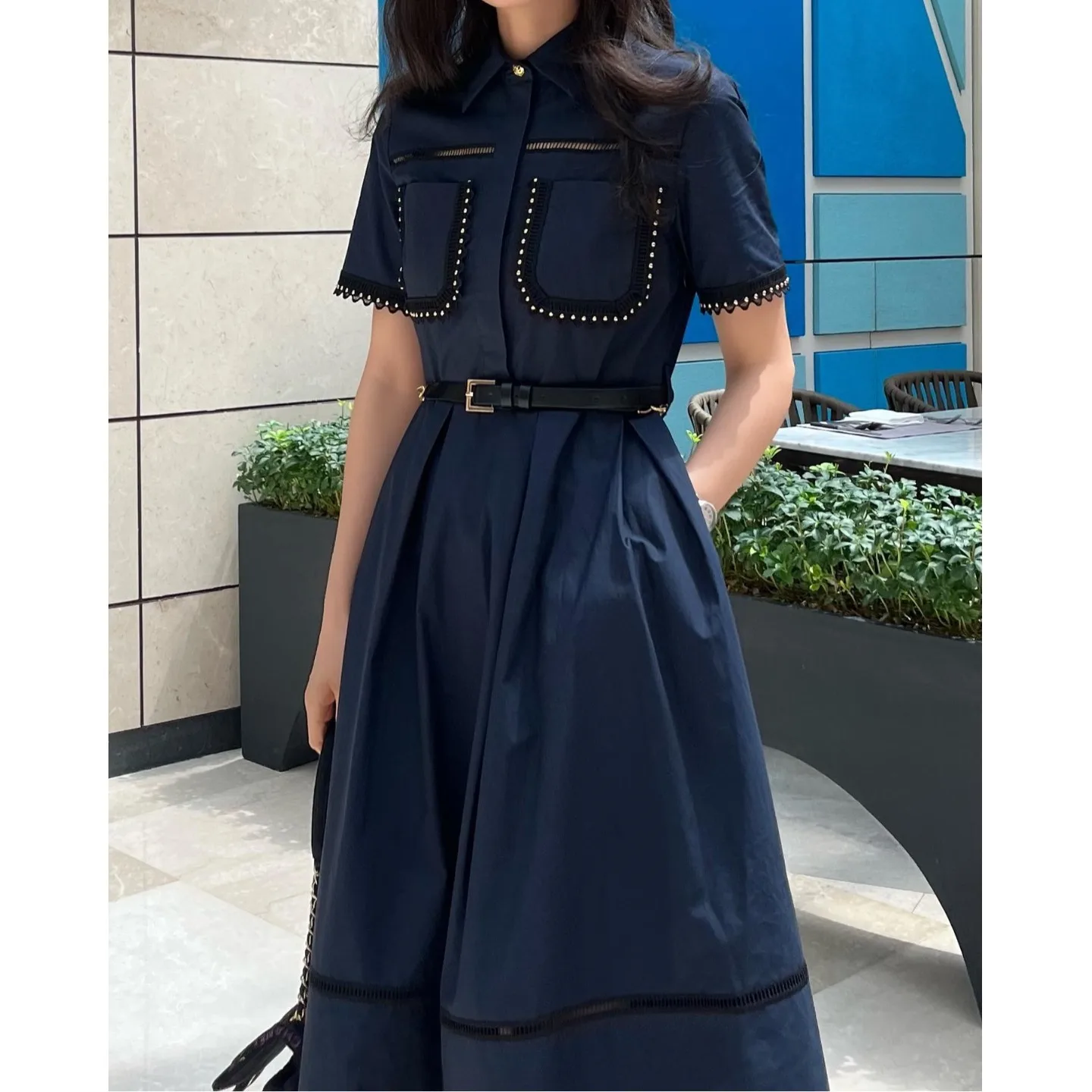 

Korean Style Elegant Ruffle Hem Lace Short Sleeve Dress Women's Spring Summer New Arrival Double Pocket Turn-down Collar Dress