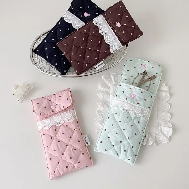 Niedliches Stiftetui mit Polka-Dot-Muster, gesteppte Brillentasche mit Spitzenbesatz, weiches Schutzfutter, tragbare Aufbewahrungstasche, Schreibwaren-Tasche – Detail 10
