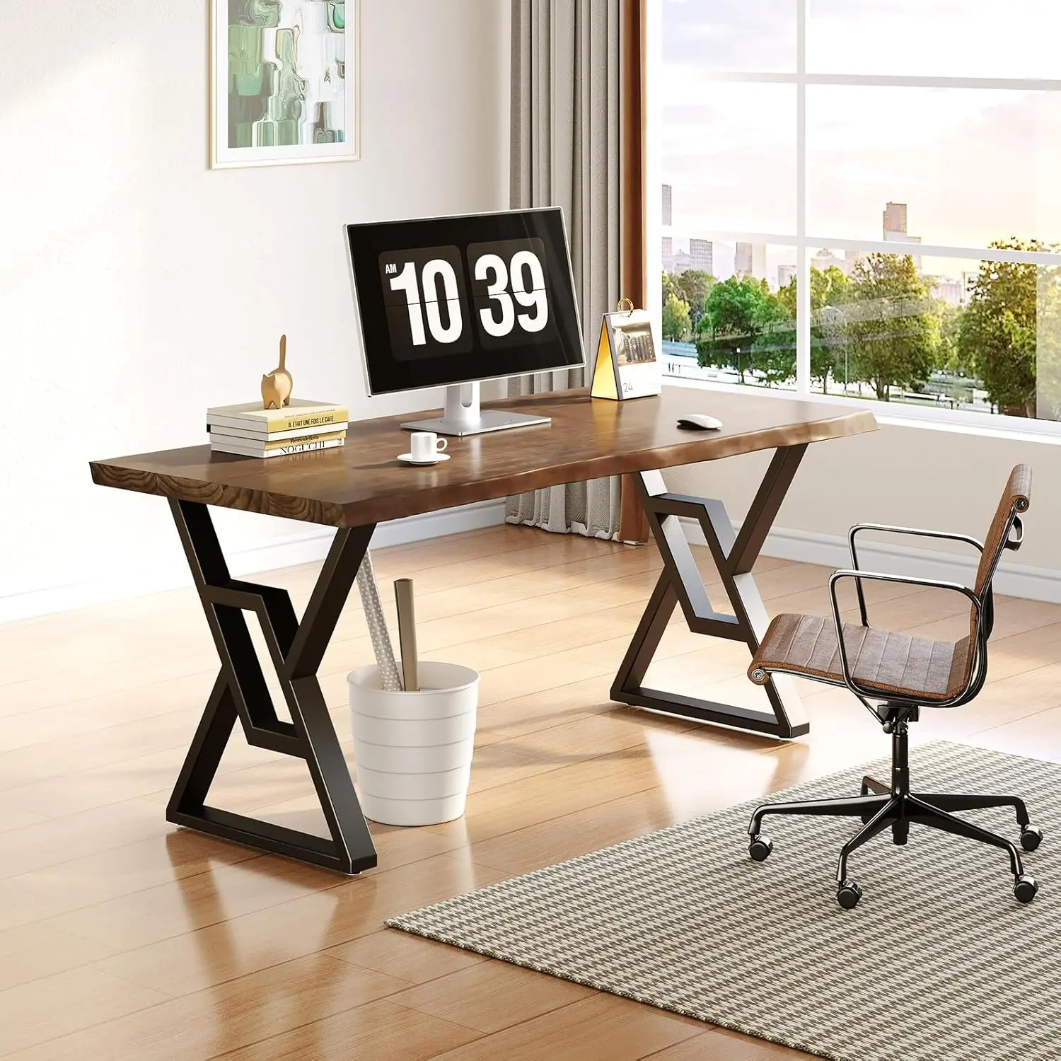 Mesa de computador de madeira maciça bancada de jogos para home office, design moderno e simples, ideal para estudo, marrom rústico, 55"