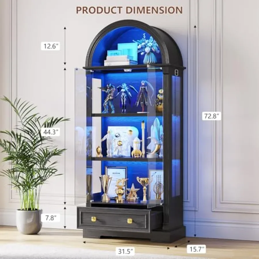 Curio Cabinet with Glass Doors for Living Room Display, Wood Finish, Warm White, Human Sensor Lights 4-Tier Adjustable Shelves - view 2