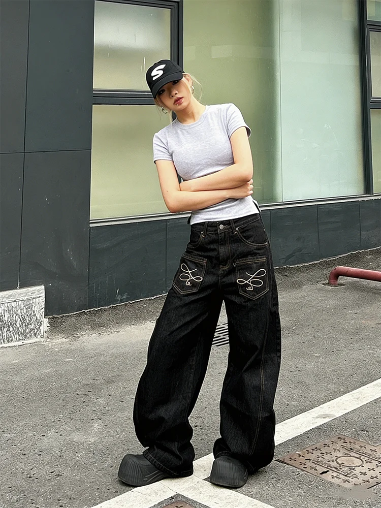 

High Waist Loose Fit Black Embroidered Denim Jeans for Women Large Size American Style Vintage Retro Wide Leg Pants