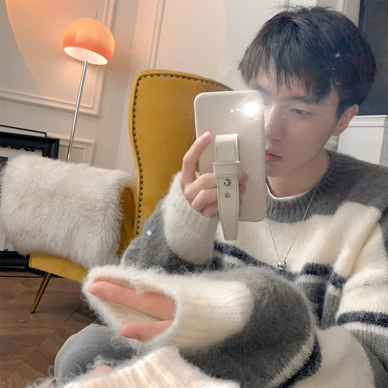 

Мужской утепленный свитер в полоску из мягкого плюшевого кашемира в американском повседневном стиле, плотная вязаная кофта с круглым вырезом, длинный рукав