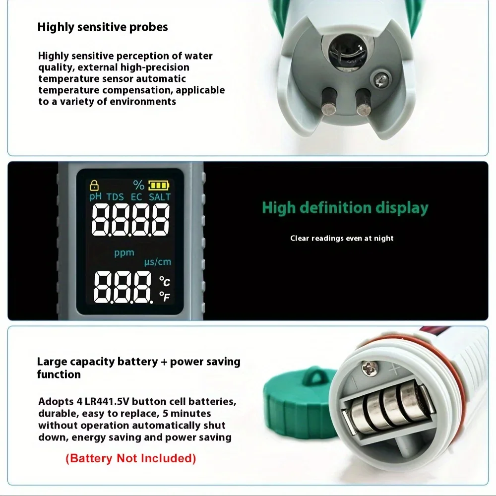 5 In 1 Digital Chlorine Meter Digital PH TDS EC Salt Temp Meter Water Quality Tester for Swimming Pool 0-9999 PPM Detector