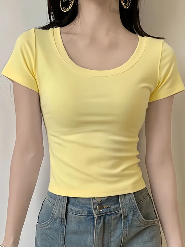 Chic High Waist ort Sve U-Ne T-irt Women's Casual Commute Top Korean Sle Cotton Blend Summer Tee