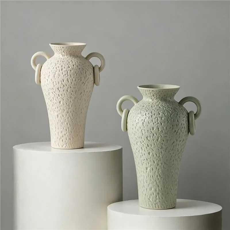 Retro beige binaural ceramic vase, antique green creative flower ornament, wabi-sabi wind living room desktop decoration