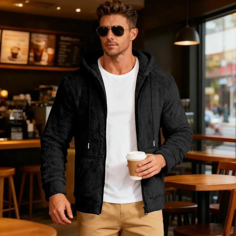 Autumn Winter Mens Loose Zip Up Hooded Jacket American Style Double‑Sided Fleece Casual Hoodie Outer Coat Men Clothing