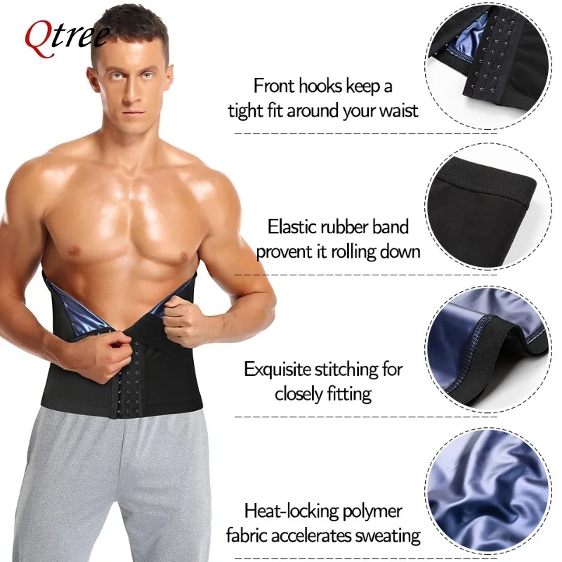 Qtree Men Waist Trainer Trimmer Belt Slimming Body Shaper Workout Shapewear for Weight Loss Hooks Fitness Fat Burner Sauna Sweat