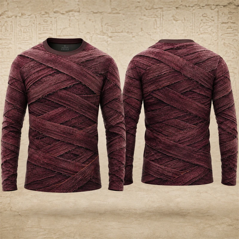 Men Long Sleeve T‑Shirt Realistic Mummy Wrapped Bandage Print Tee Halloween Cosplay Graphic T-shirt Festival Men's Gift T-shirts