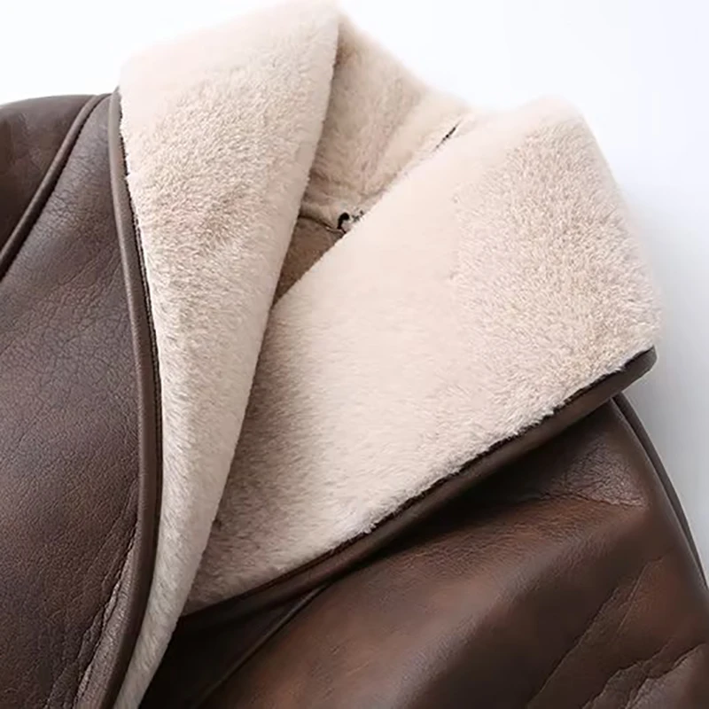 Winter Fake Cashmere PU Jacket For Women V-neck With Belt Spliced Warm Overcoat American Fashion High Street Thicke Coat