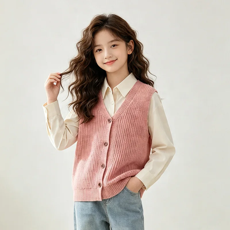 Kids Knitted Vest 100%Cotton Autumn/Winter V-Collar Warm Soft Waistcoat For Teen Girls 5-15 Years Wear