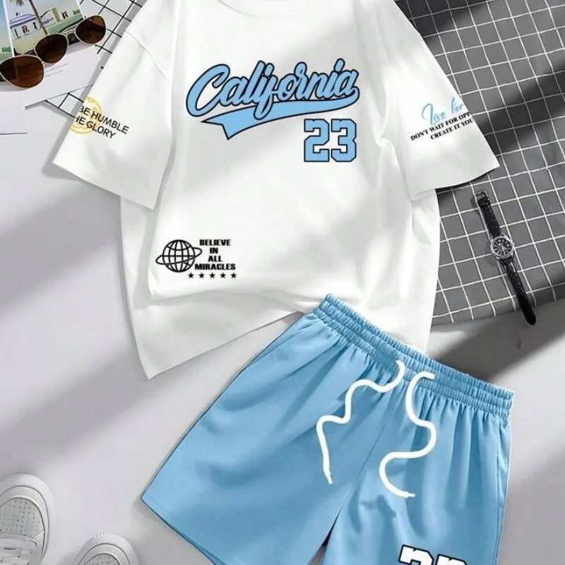 

Men's California 23 Letter Print 2 Piece Set Summer Casual Oversized T-Shirt & Blue Shorts Streetwear Sport Outfit