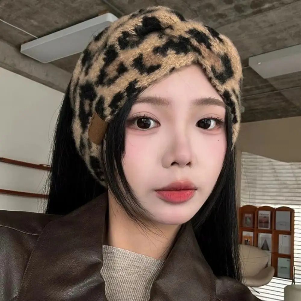 

Wide Edge Leopard Print Headband High Elasticity Soft Turban Headwrap Chunky Knit Adjustable Knitted Headcover Women's