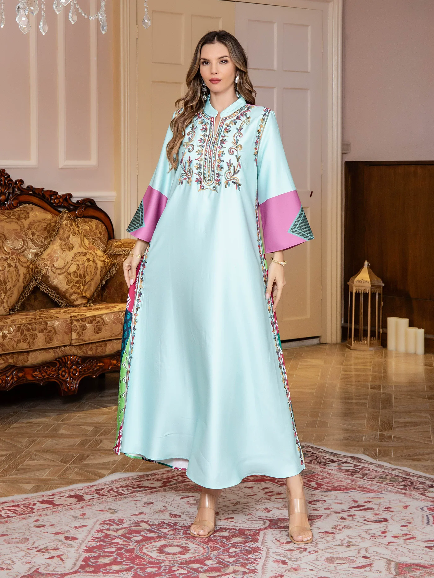 

Middle East Ramadan Moroccan Muslim Fashion Arab Robe Women's Dubai Dress Abaya Women's Rope Embroidered Islamic Robe