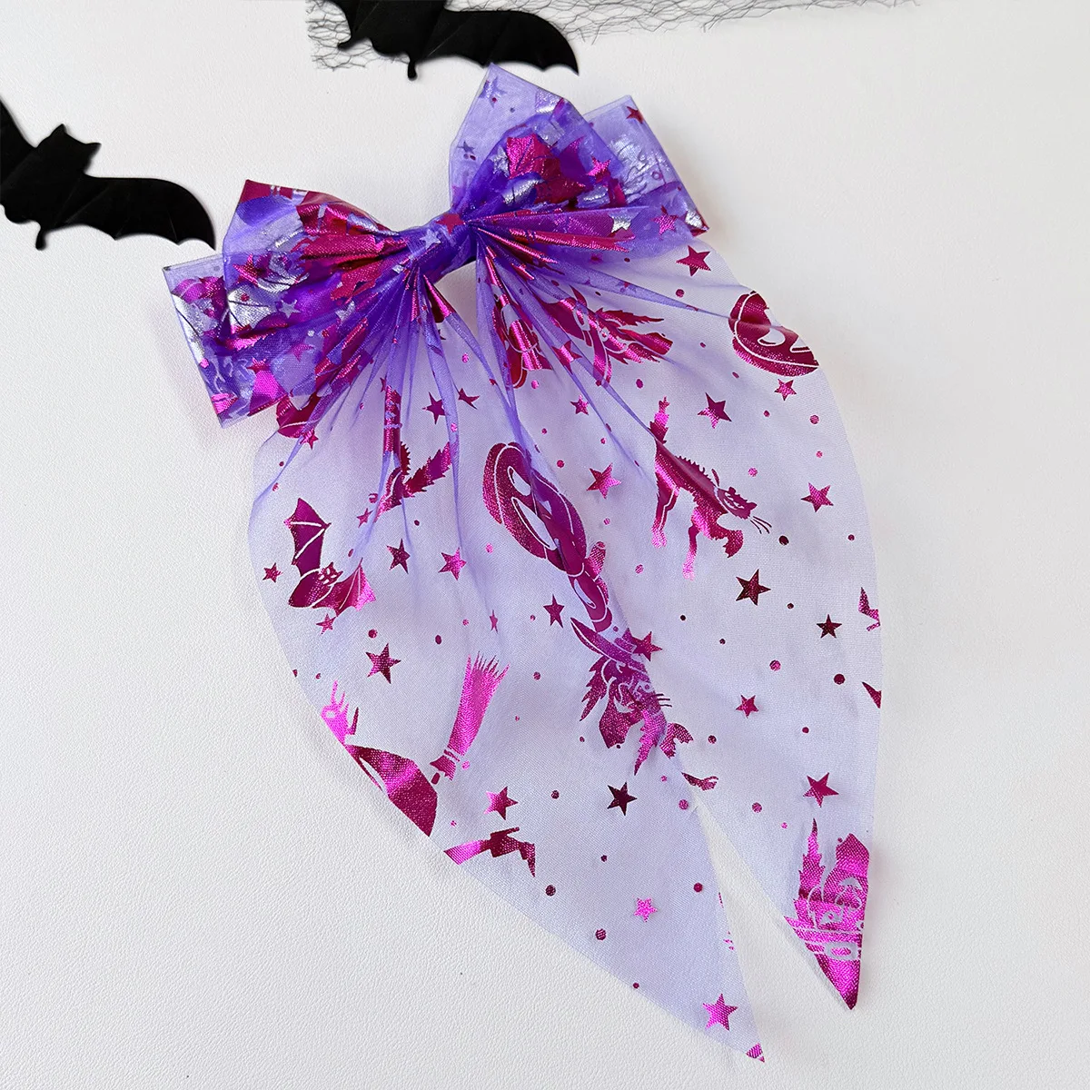 Spider Web Pumpkin Witch Halloween Bow Hair Clip Mesh Tassel Bronzing Transparent Bow Duckbill Clip Long Ribbon Headpieces