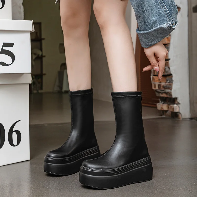 

2026 модные осенне-зимние женские ботинки до середины икры из натуральной кожи, женская обувь на толстой подошве, теплые плюшевые женские зимние ботинки Botas Mujer