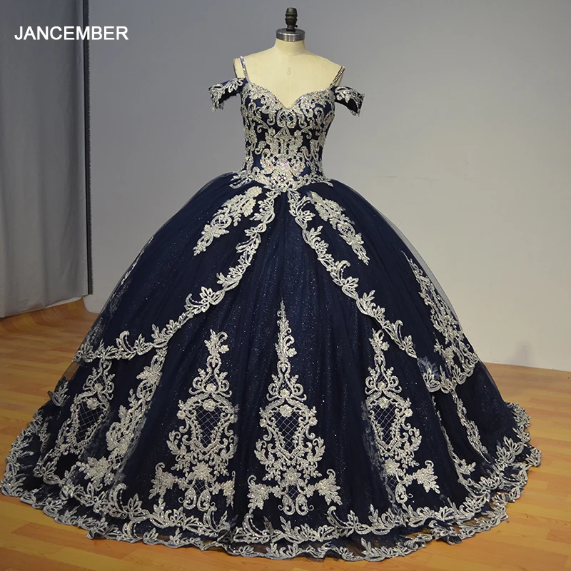 Jancember Blue 2024 Quinceanera Dresses Embroidery Lace V-neck Sequins Short Sleeves Ball Gowns vestido 15 años quinceañera