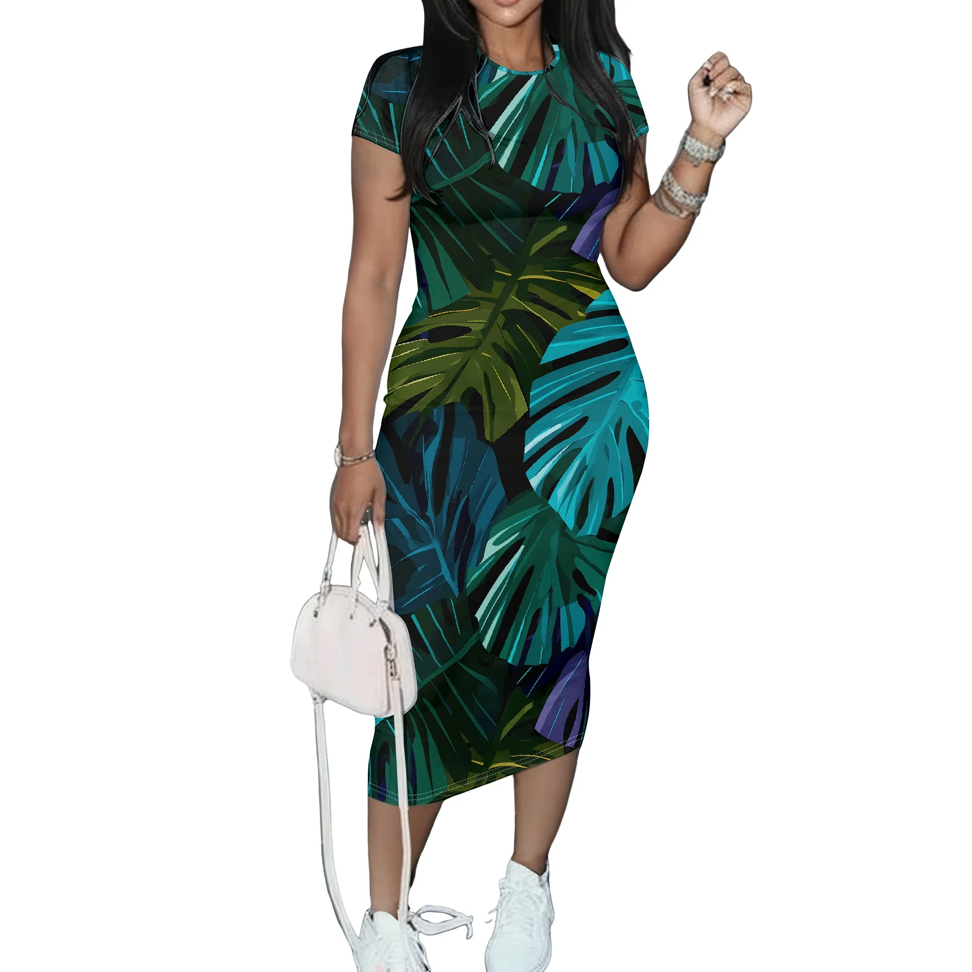 Tropical Leaf Print Short Sleeve Dress Green Monstera Pattern Midi Dress Bodycon Summer Party Wear Vacation Beach Outfit