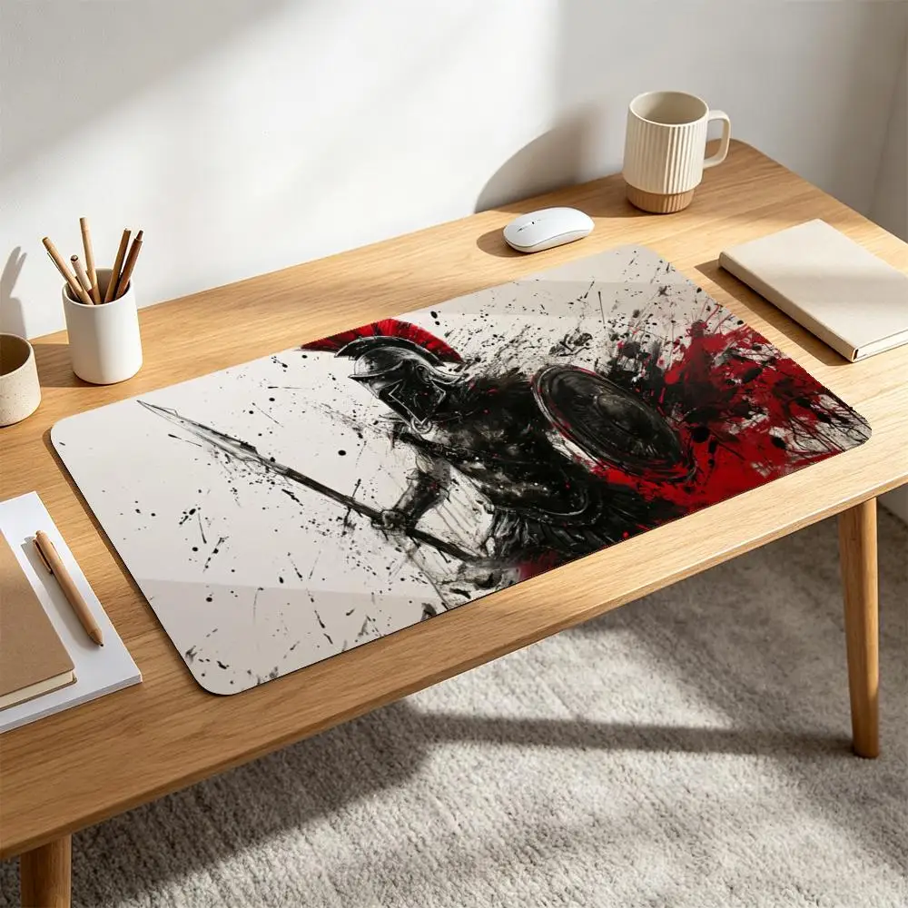 Extended Gaming Desk Mat Vintage Splash Ink Spartan Warrior Pattern Non Slip Rubber Base Waterproof Mouse Pad for Computer