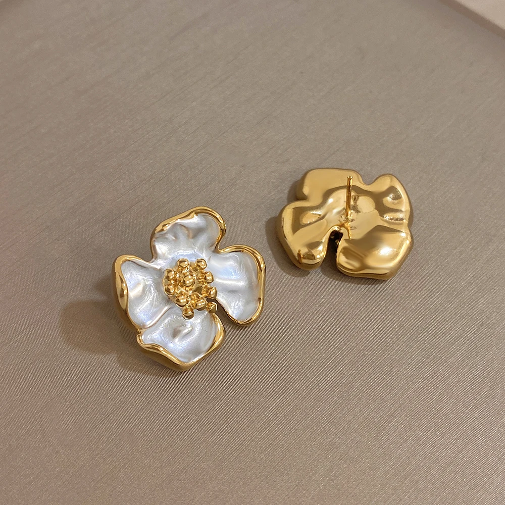 AENSOA Elegant White Enamel Beaded Stamen Flower Stud Earrings Gold Plated Non Tarnish Women Wedding Statement Earrings Gift