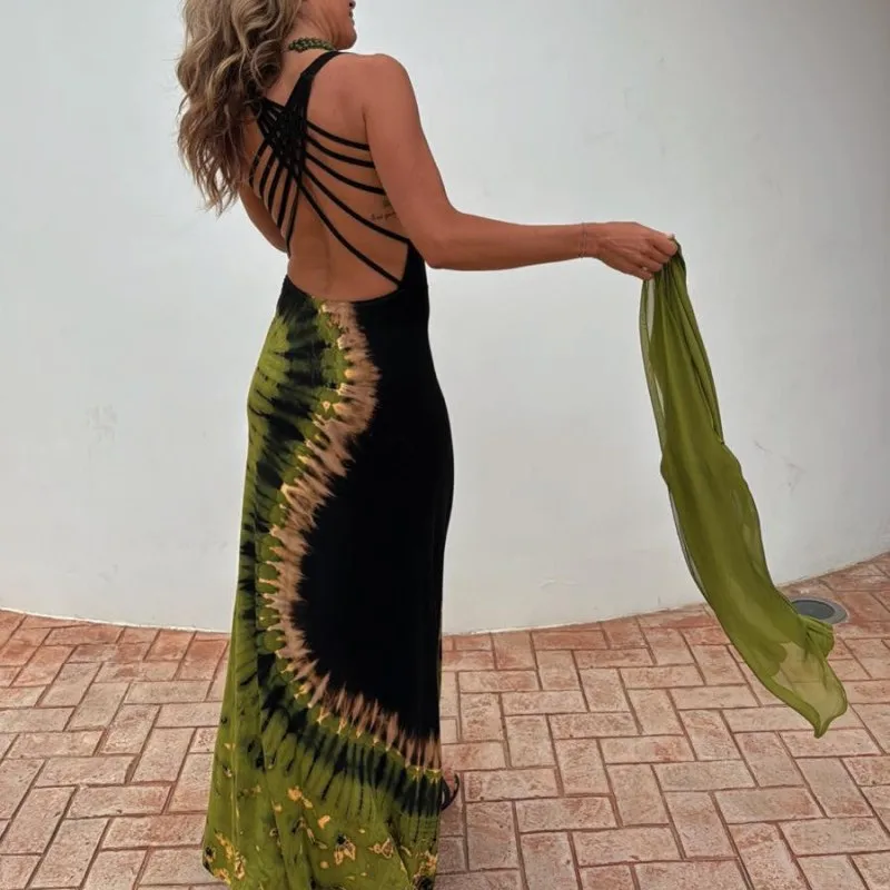 Gonna lunga da pavimento cava sexy da donna di nuovo stile estivo 2025 Cintura posteriore senza maniche stampata alla moda ​ ​ abito da festa chic