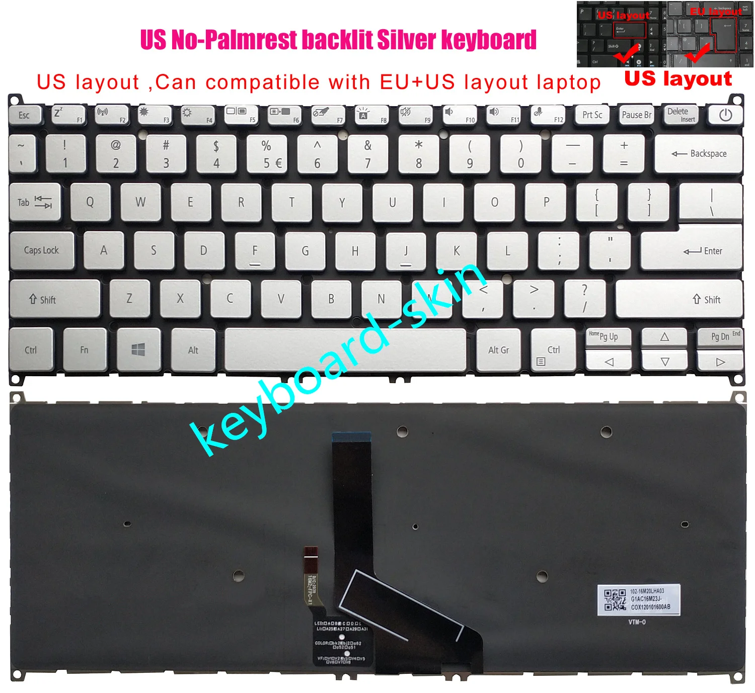 

Серебряная клавиатура США с подсветкой для Acer Swift 3 SF313-51, SF314-42, SF314-57 SF314-58 SF314-59, SF514-52 SF514-53 SF514-54-55