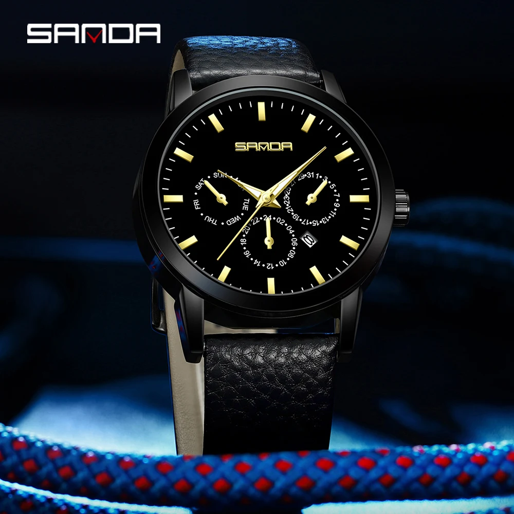 

SANDA P1125 2023 Sports Fashion Six-pin With Calendar Waterproof Business Men's Watch Montre Homme Date Clock Stop Wristwatches