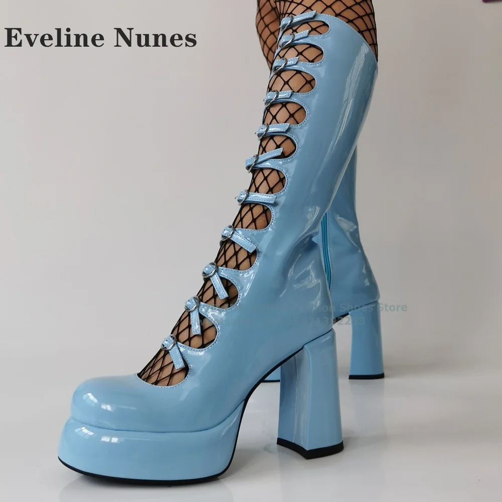 Platform Buckle Strap Sexy Blue Gladiator Round Toe Height Increasing Hollow Out Zipper Closure Knee-High Boots Plus Size 2024