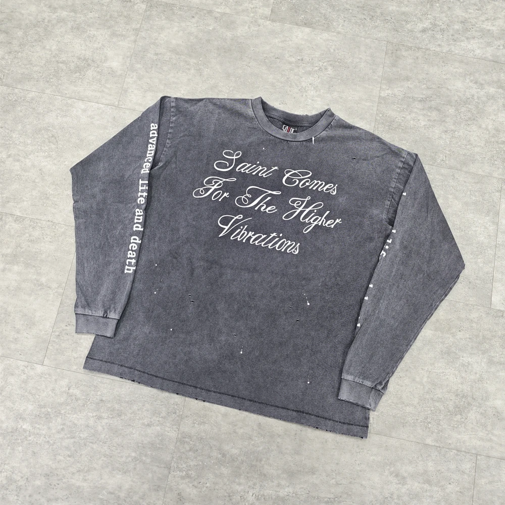 

Yao Fashion SAINT OF MICHAEL Washed Old Retro Loose Baggy High Street Casual Simple Style Tops Long Sleeve T Shirt For Men