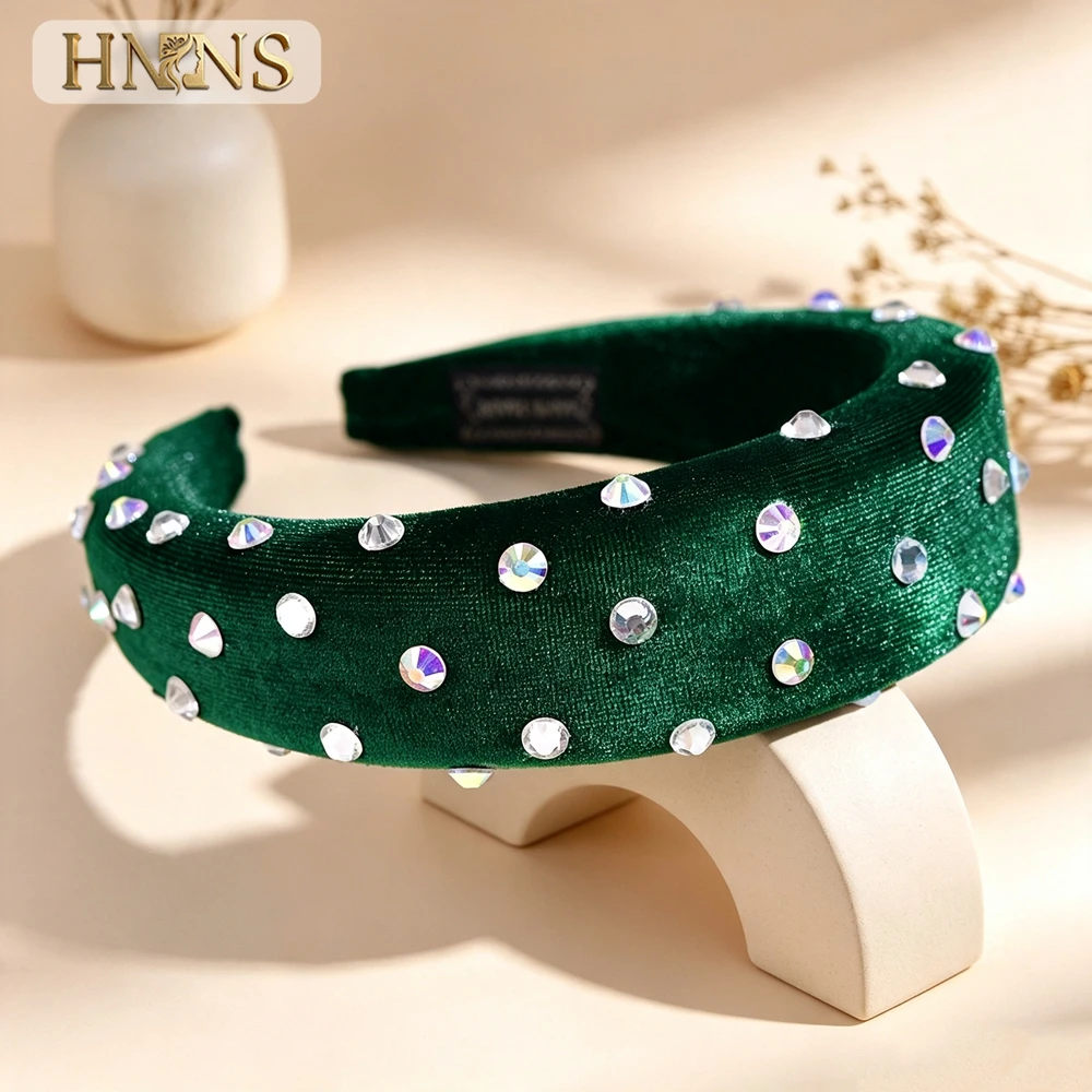 HNNNS Green Velvet Headband For Women Sparkling Rhinestone Headband Fashionable Female Hair Accessory YXA247