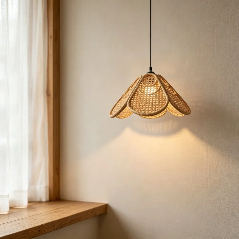 Petal Handwoven Rattan Pendant Lamp Shade Bohemian Wicker Ceiling Light Cover For Dining Room Bedroom Household Space Decor Lamp