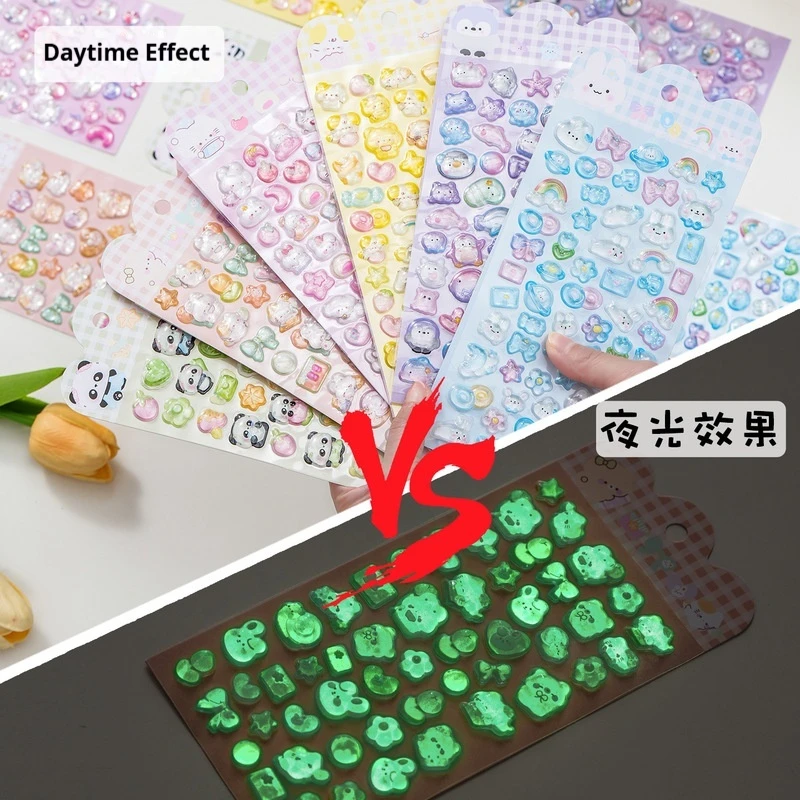 Luminous 3D Relief Stickers Cartoon Kawaii Crystal Diamond Glow In The Dark For Kids Japanese Style Phone Case Decoration
